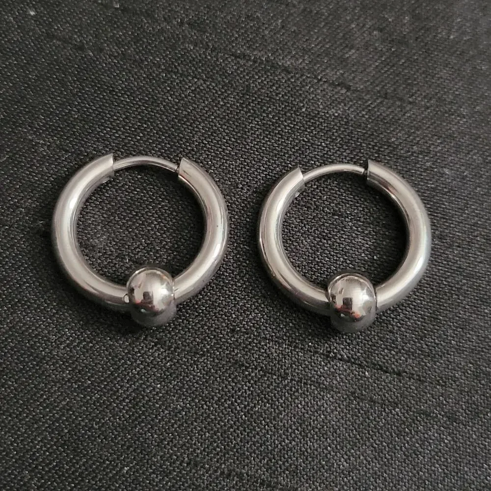 Men's silver stainless steel ball charm mini hoop earrings